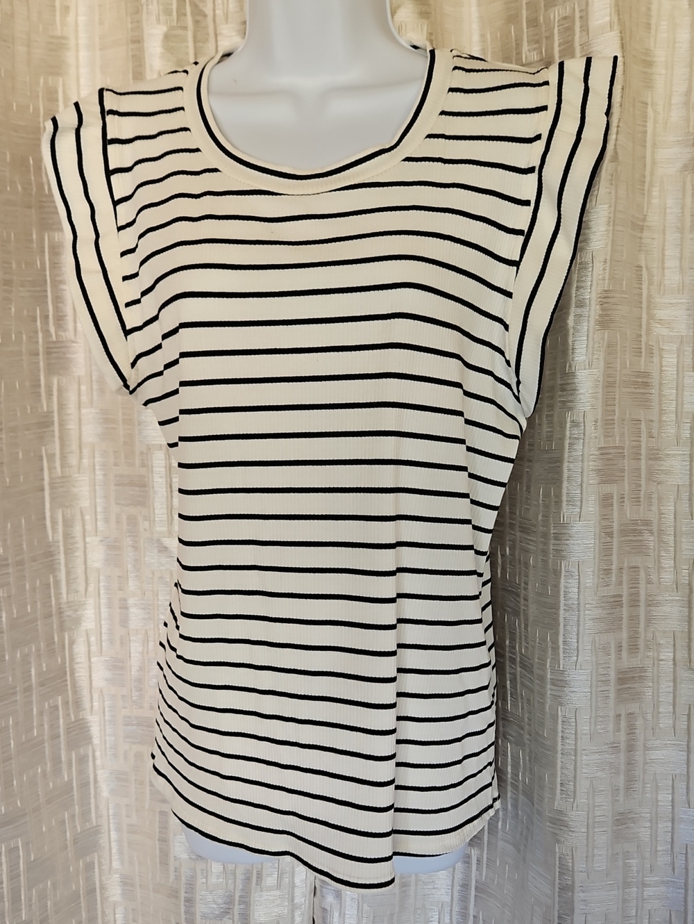 Green Envelope White & Black Striped Flutter Sleeve Tank